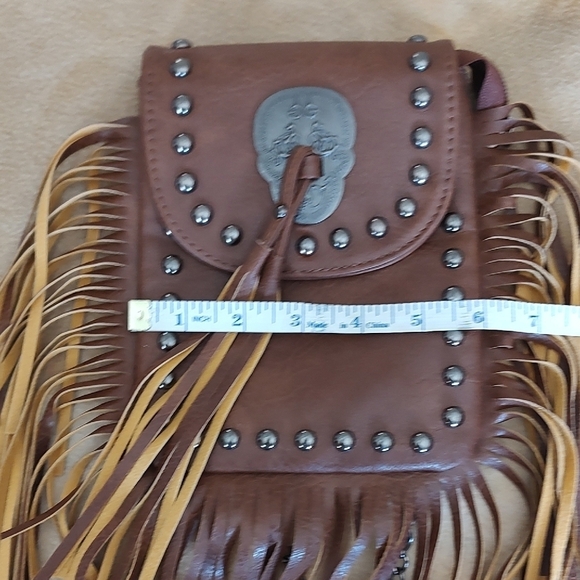 Fringe Crossbody Bag Brown FAUX Leather with Metal La Catrina NWOT - Picture 5 of 7